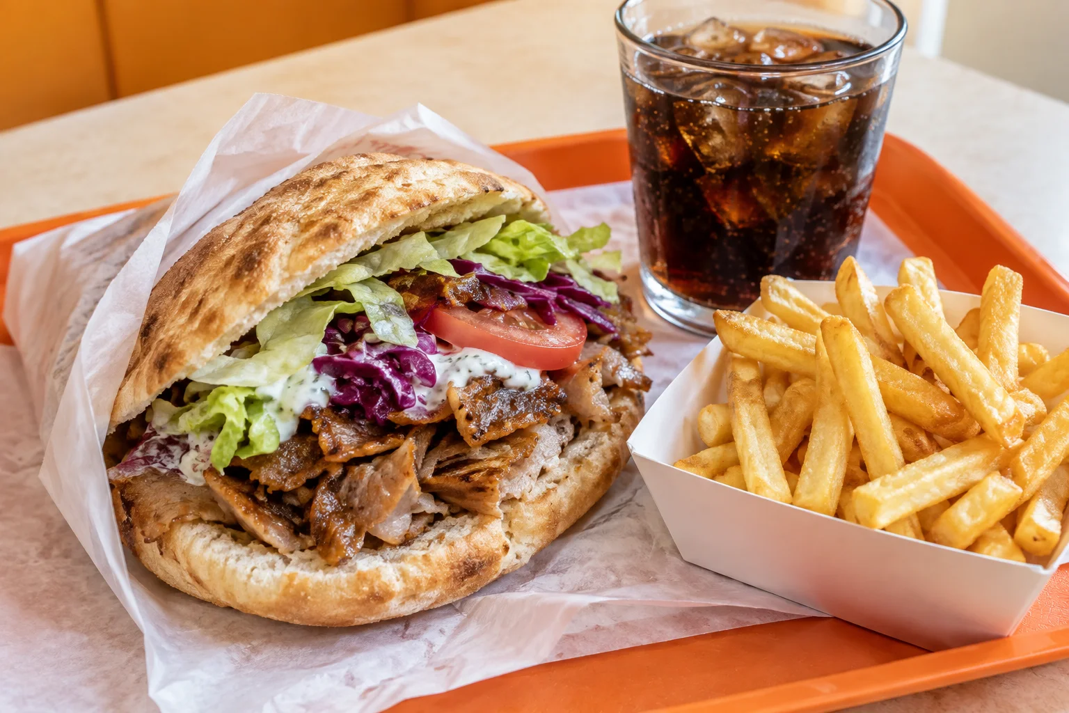 Döner, Pommes und Getränk in einer legeren Take-Away-Szene — illustrative Darstellung
